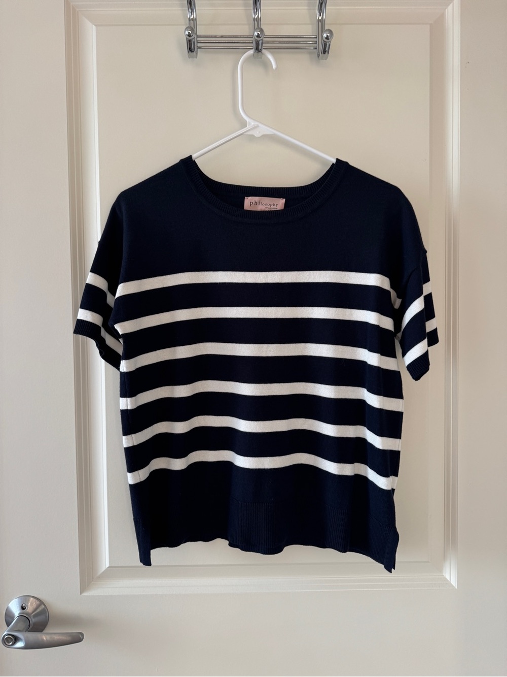 Philosophy Navy and White Striped Short Sleeve Knit Top